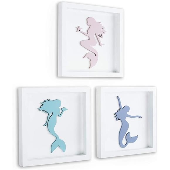 Amazon.com: Tide and Tales Elegant 3D Mermaid Wall Decor  Elegant 3D Mermaid Wall Decor,Framed Wooden Set of 3Silhouettes in Pastel Colors